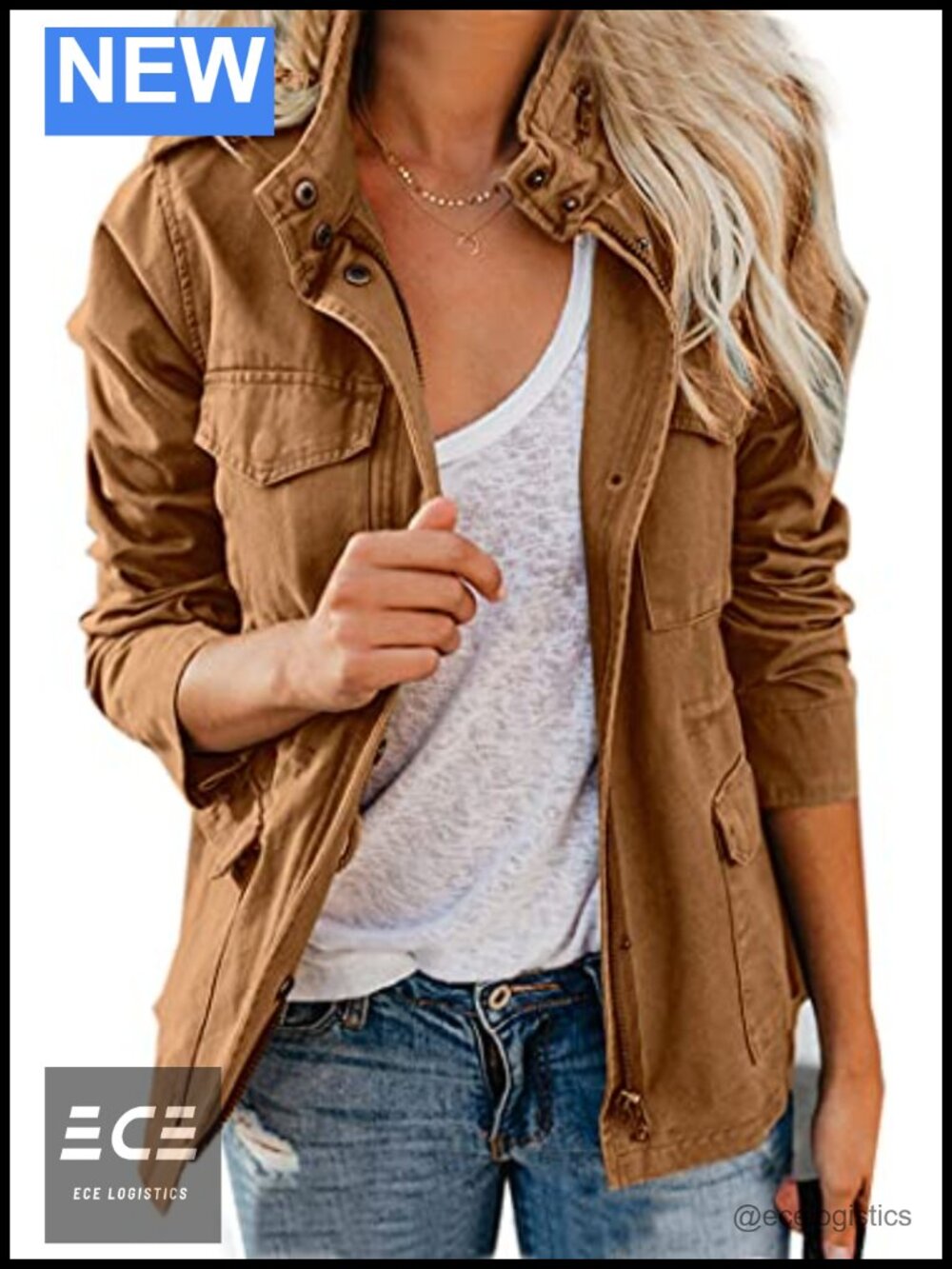 Women's Stand Collar Zip Up Cotton Utility Safari Jacket Loose Fit Fall